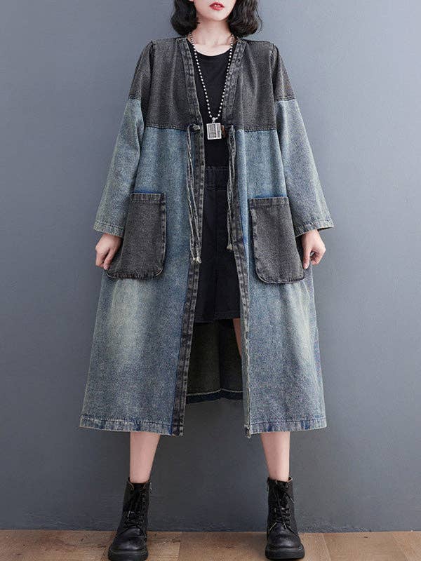 Artistic Retro Denim Long Sleeves Loose Tied Split-Joint Trench Outerwear: BLUE / M