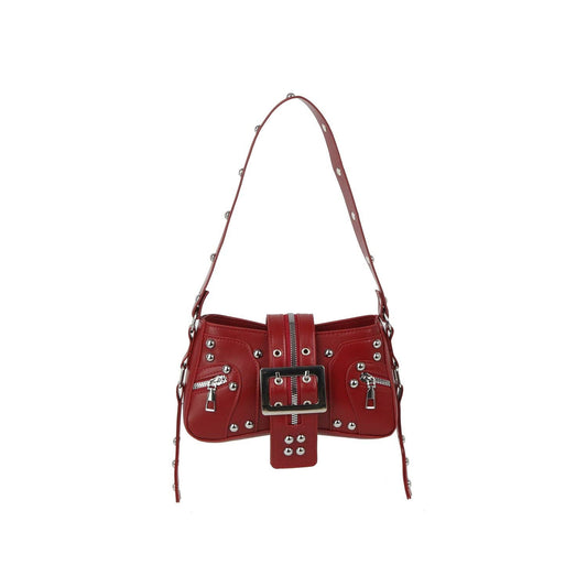 Studded Buckle Mini Shoulder Bag with Zip Pockets: Red