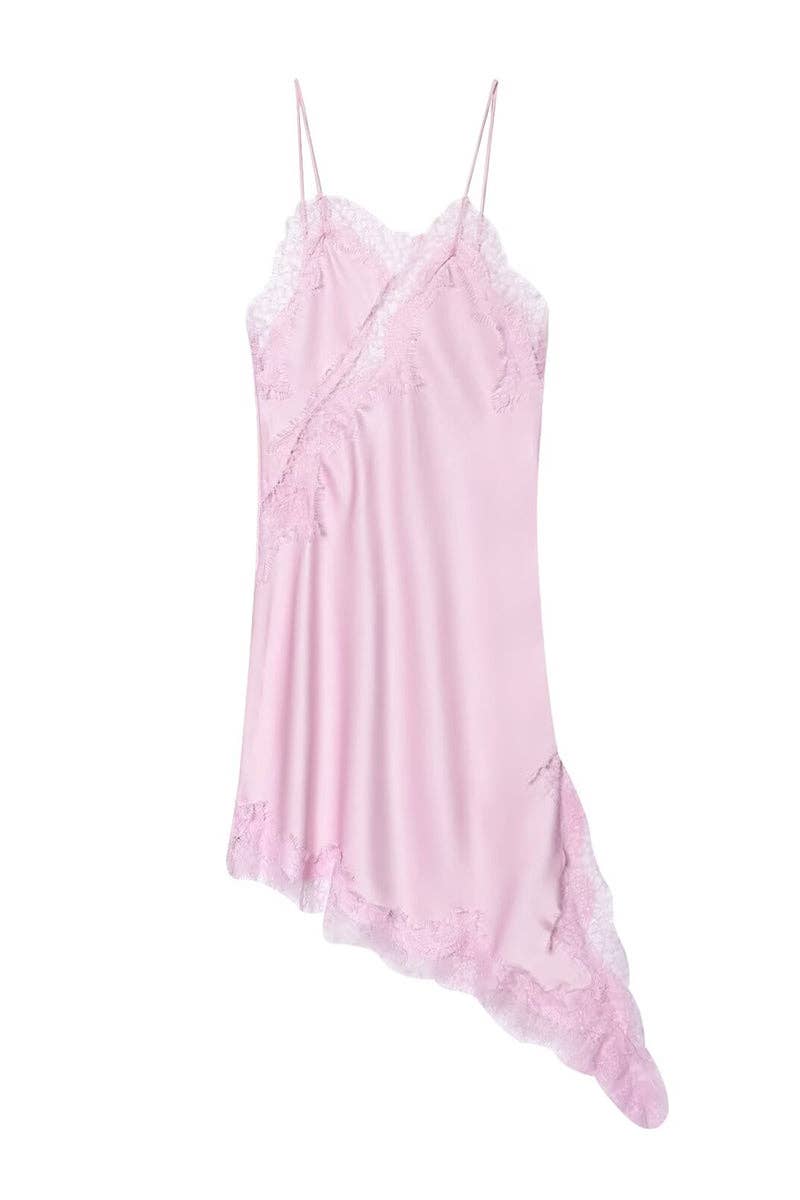 Asymmetrical Hem Lace Trim Slip Dress: COFFEE / L