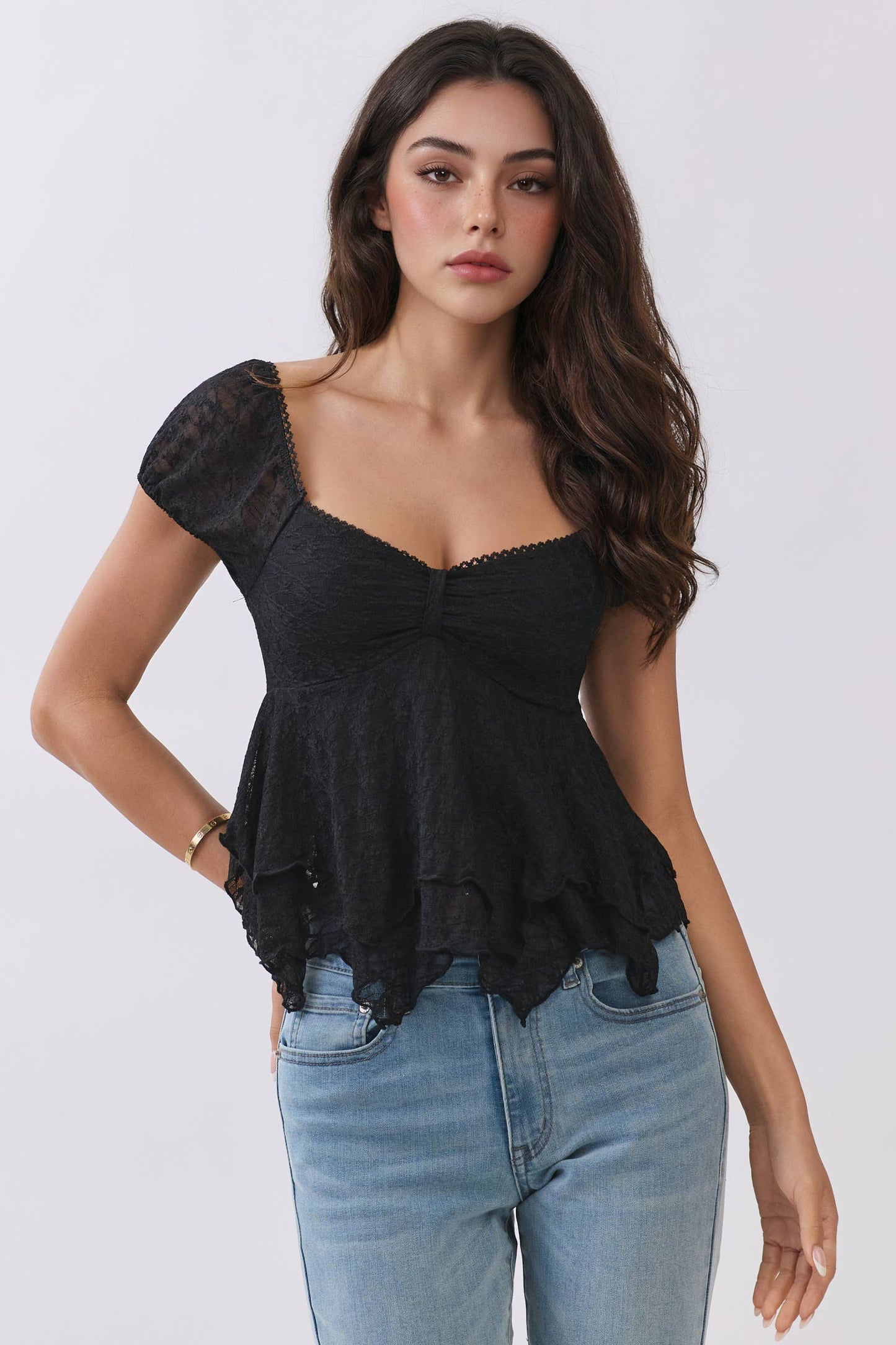 LT56897 - LACE FRONT W/RIBBON TIE PUFF SHORT SLV TOP: HALOGEN BLUE / S-M-L/2-2-2