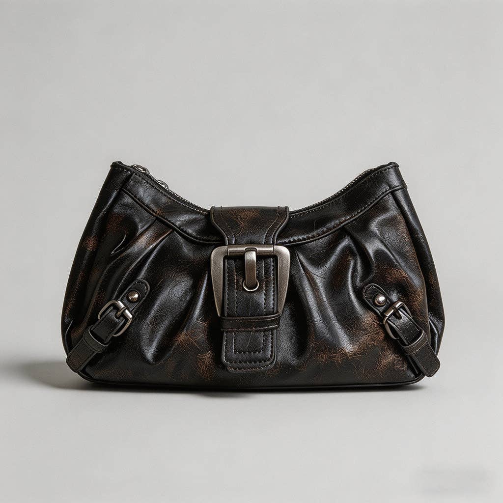Vintage Washed Leather Hobo Shoulder Bag: Dark Brown / One Size
