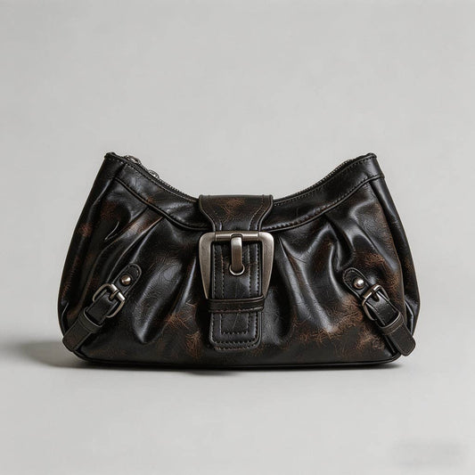 Vintage Washed Leather Hobo Shoulder Bag: Dark Brown / One Size
