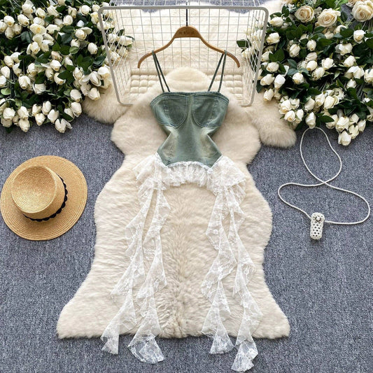 Chic Lace-Trimmed Denim Tank Top for Women: Green / One Size