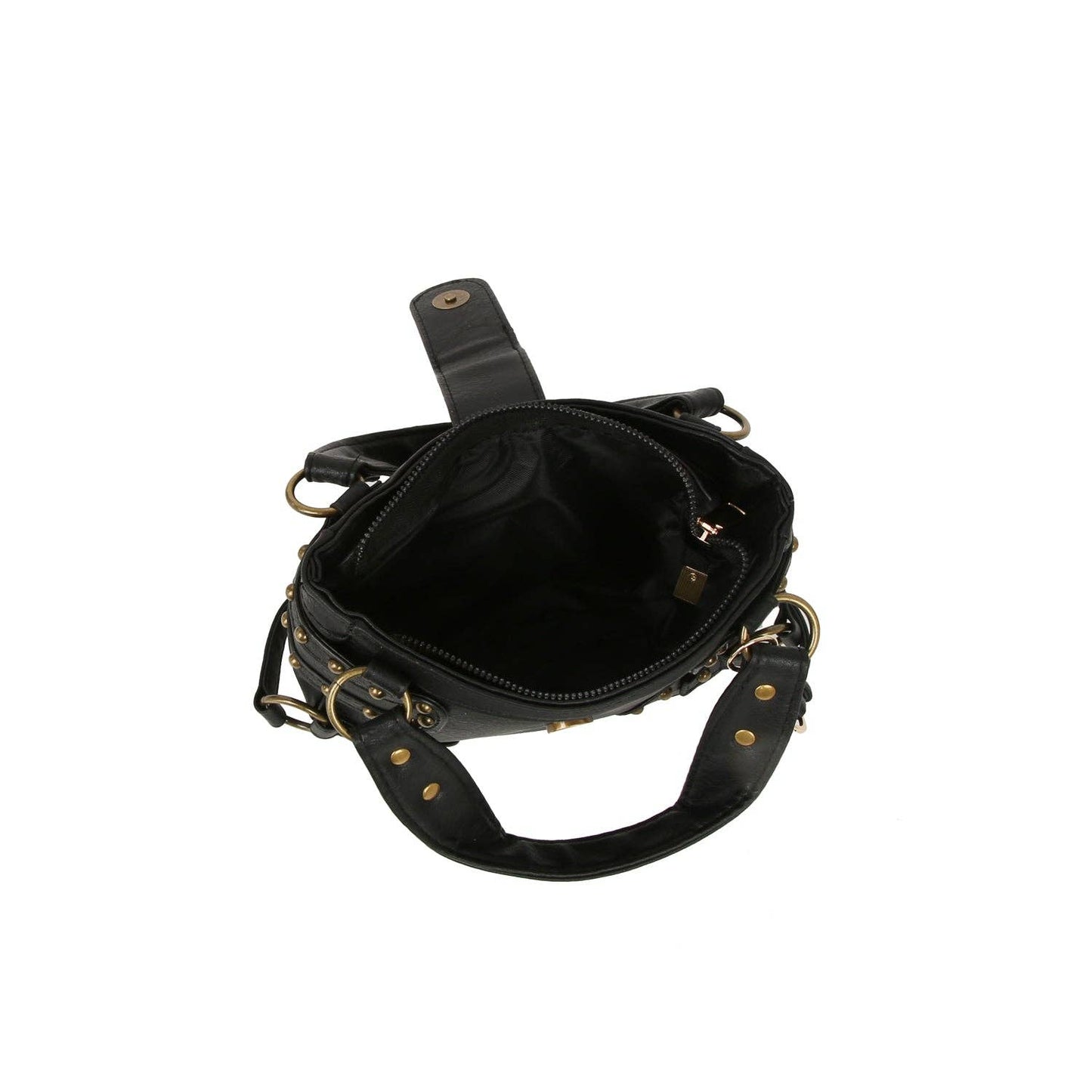 Studded Lock Front Mini Top Handle Bag: Black
