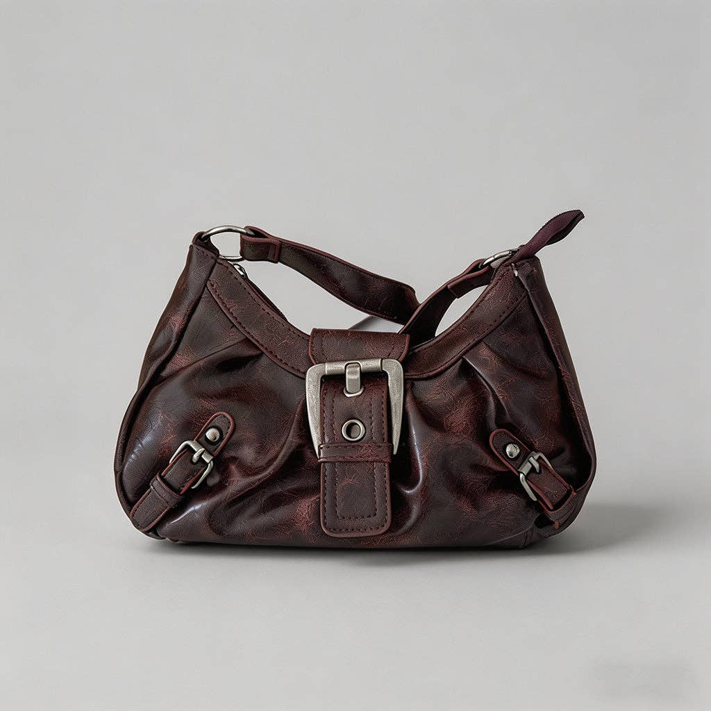 Vintage Washed Leather Hobo Shoulder Bag: Burgundy / One Size