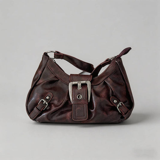 Vintage Washed Leather Hobo Shoulder Bag: Burgundy / One Size