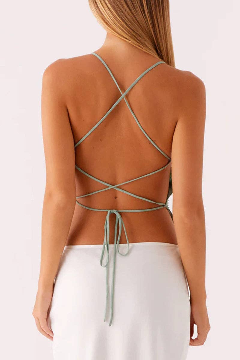 Floral Sequin Strappy Cami Top: LIGHT GREEN / M