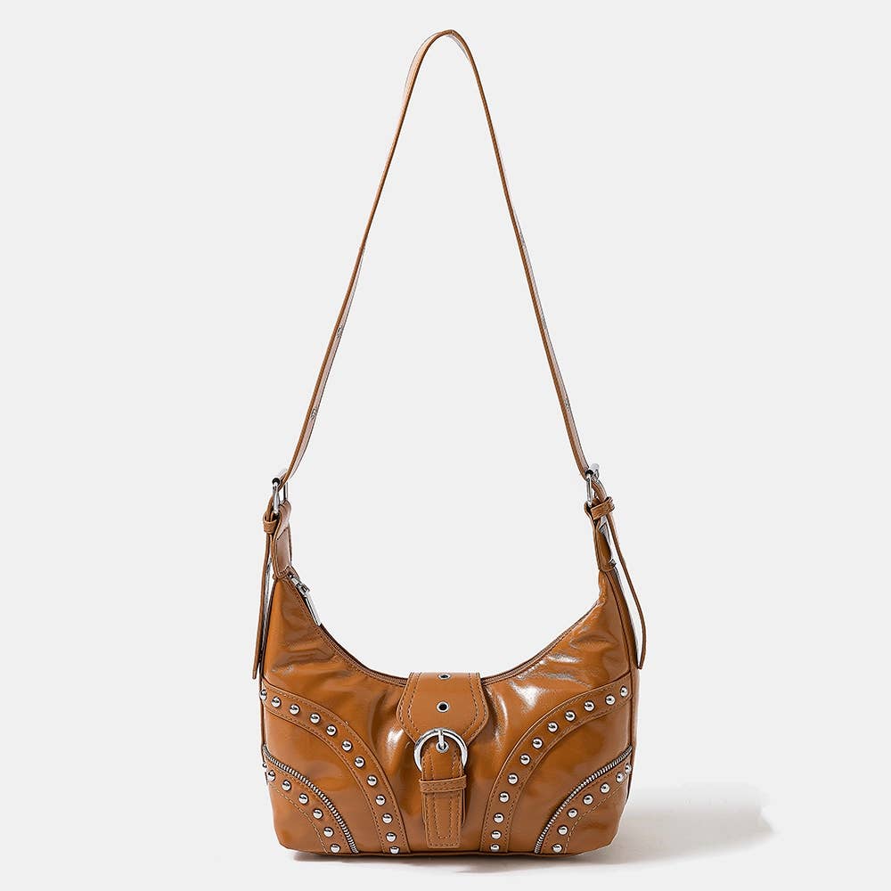 Leather Studded Trim Shoulder Bag: BK