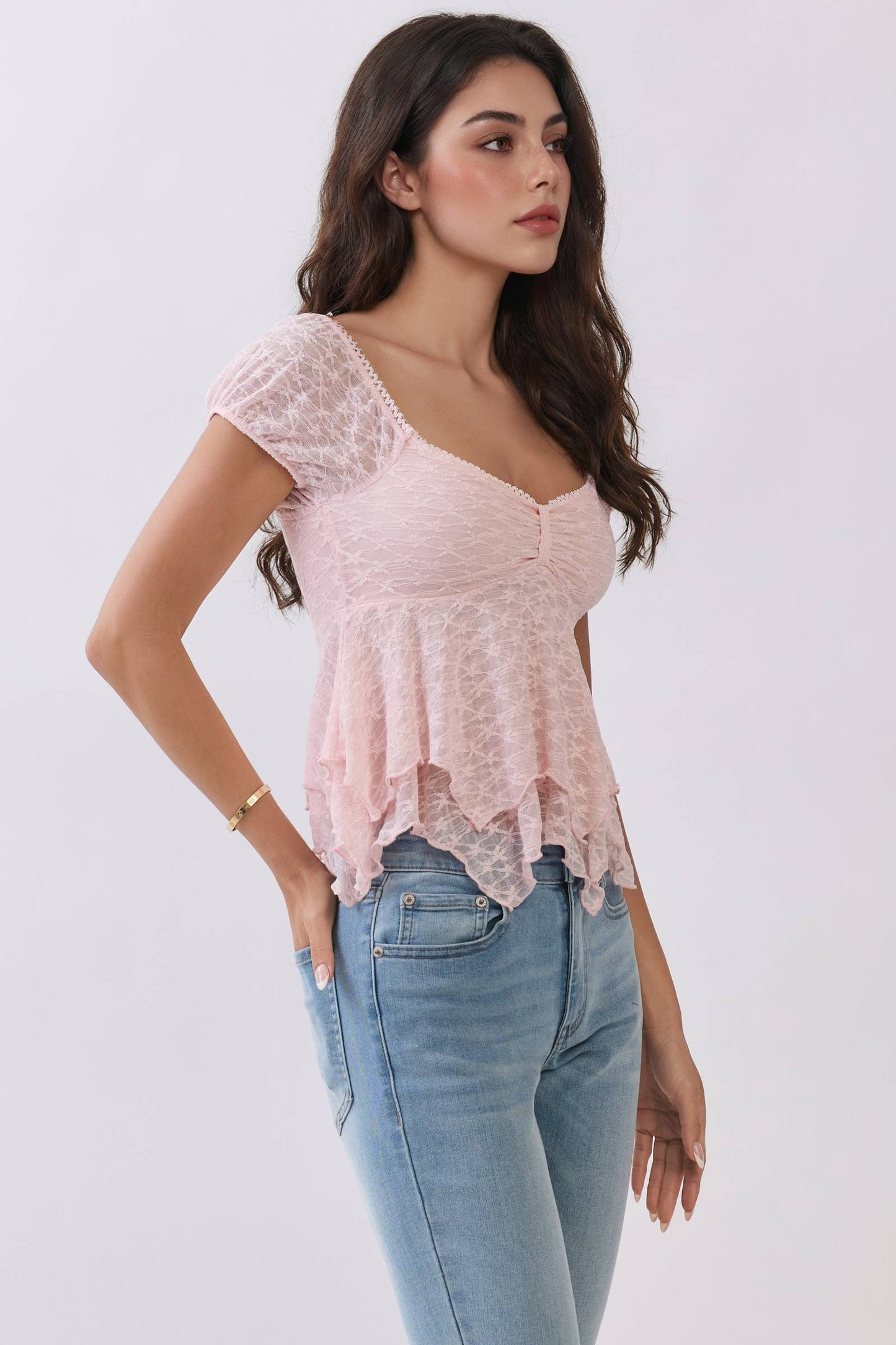 LT56897 - LACE FRONT W/RIBBON TIE PUFF SHORT SLV TOP: HALOGEN BLUE / S-M-L/2-2-2