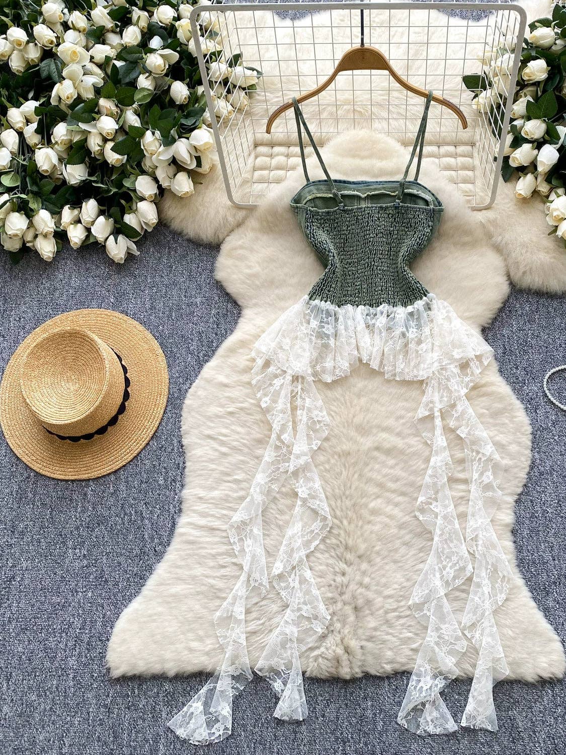 Chic Lace-Trimmed Denim Tank Top for Women: Green / One Size
