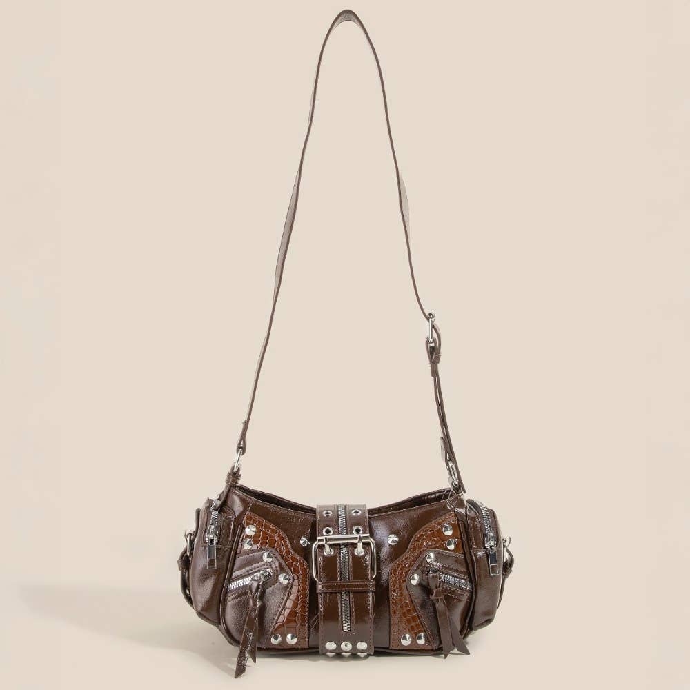 Rivet Detail Leather Shoulder Bag: SDBR