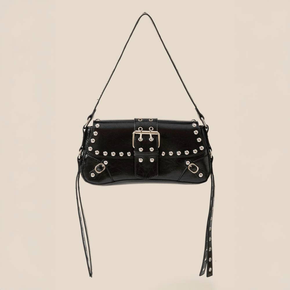 Glossy Leather Rivet Trim Shoulder Bag: IV