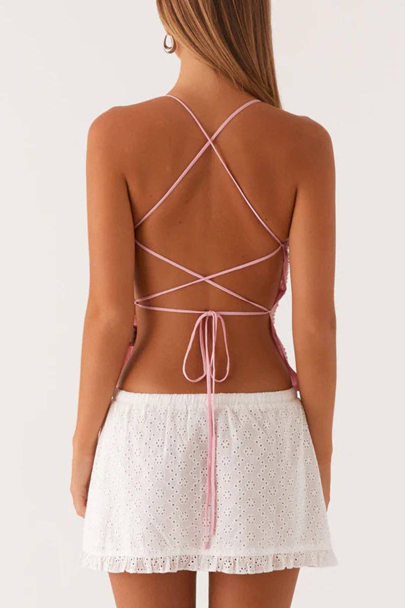 Floral Sequin Strappy Cami Top: LIGHT GREEN / L