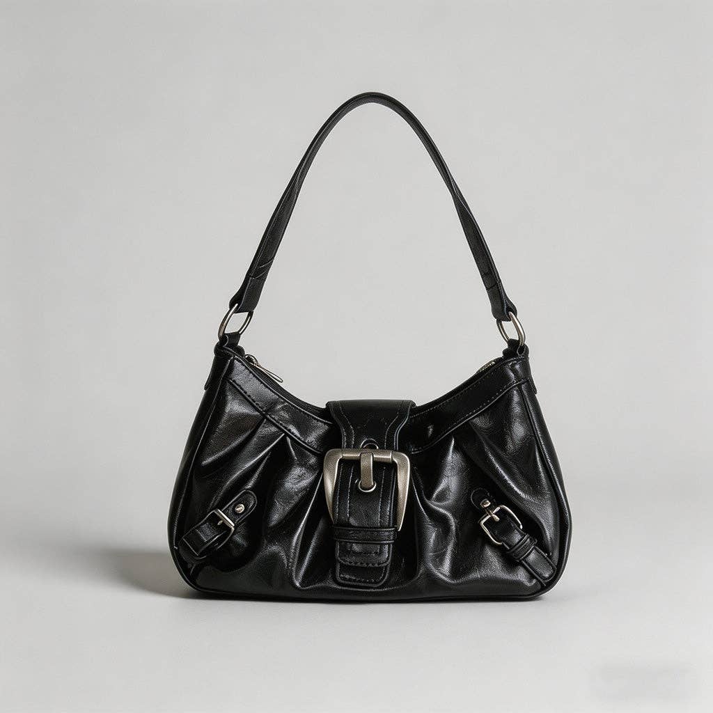 Vintage Washed Leather Hobo Shoulder Bag: Black / One Size