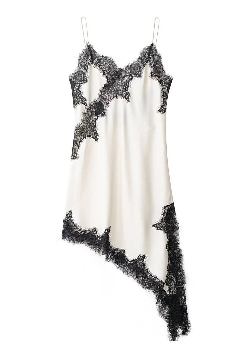 Asymmetrical Hem Lace Trim Slip Dress: COFFEE / L