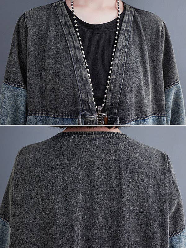 Artistic Retro Denim Long Sleeves Loose Tied Split-Joint Trench Outerwear: BLUE / M