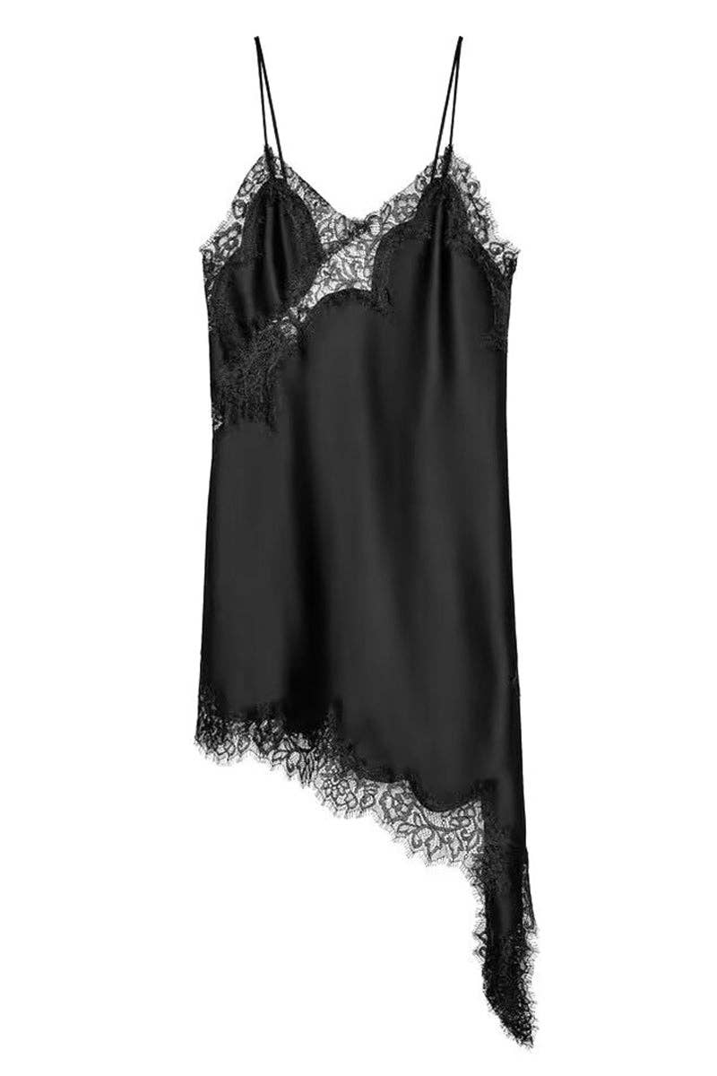 Asymmetrical Hem Lace Trim Slip Dress: COFFEE / L