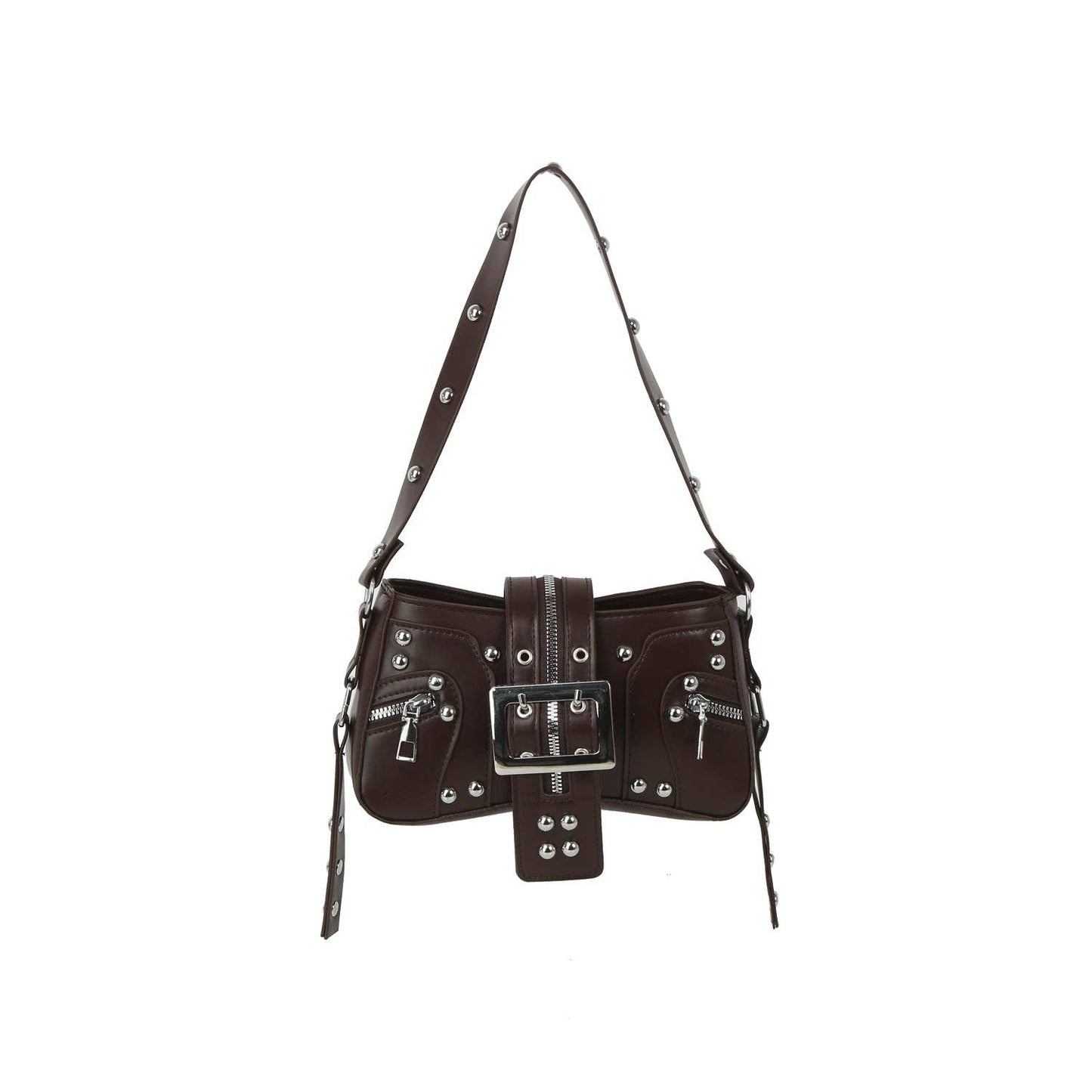 Studded Buckle Mini Shoulder Bag with Zip Pockets: Red