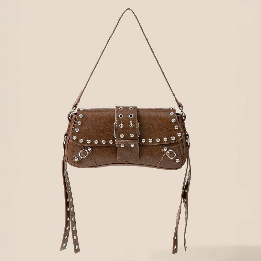Glossy Leather Rivet Trim Shoulder Bag: GBK
