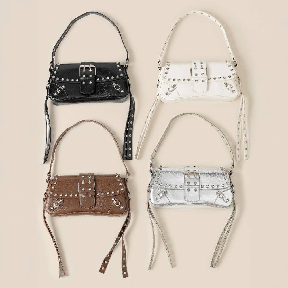 Glossy Leather Rivet Trim Shoulder Bag: IV