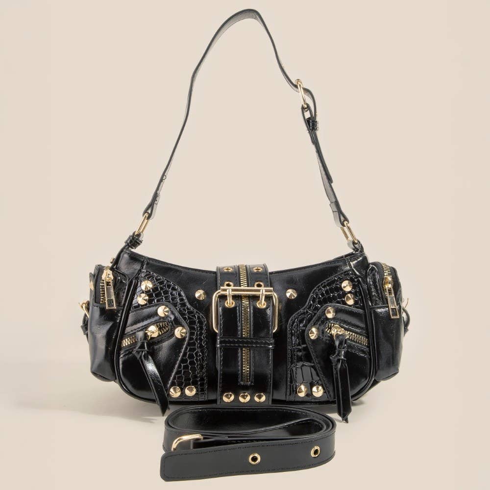 Rivet Detail Leather Shoulder Bag: SKA