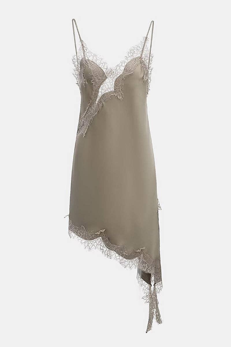 Asymmetrical Hem Lace Trim Slip Dress: KHAKI / M