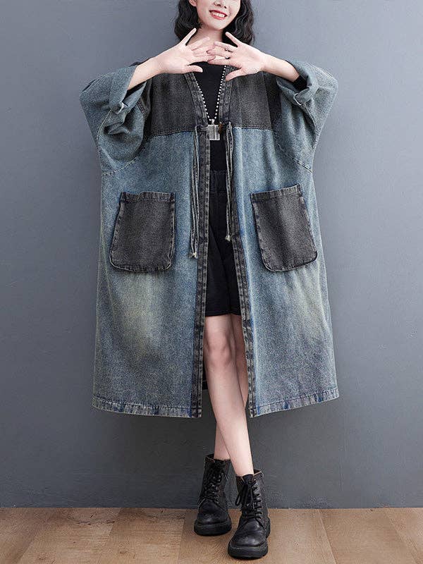 Artistic Retro Denim Long Sleeves Loose Tied Split-Joint Trench Outerwear: BLUE / L