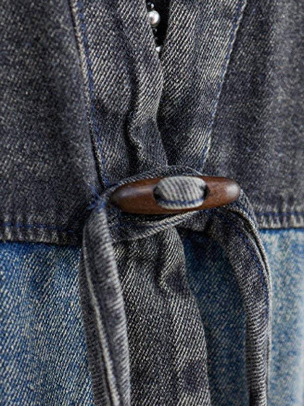 Artistic Retro Denim Long Sleeves Loose Tied Split-Joint Trench Outerwear: BLUE / L