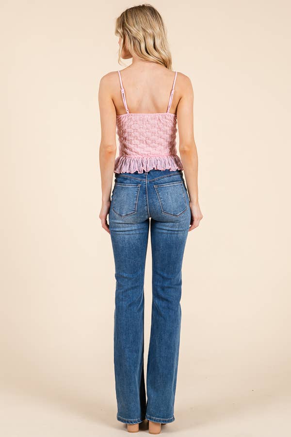 JC54651 - RUFFLE BOTTOM SATIN BOW CAMI: MIST BLUE / S-M-L/2-2-2