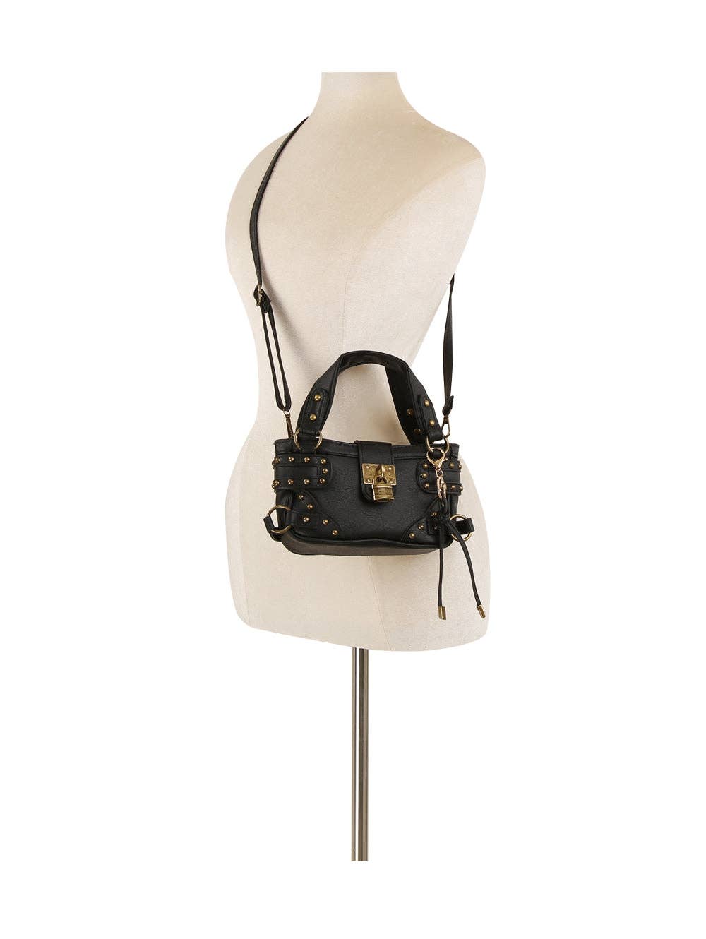 Studded Lock Front Mini Top Handle Bag: Black