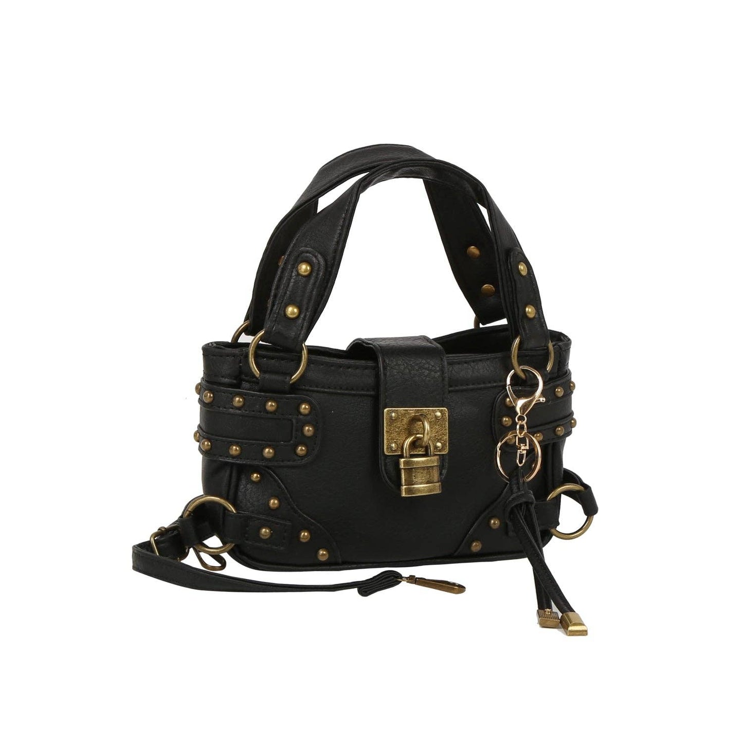 Studded Lock Front Mini Top Handle Bag: Black