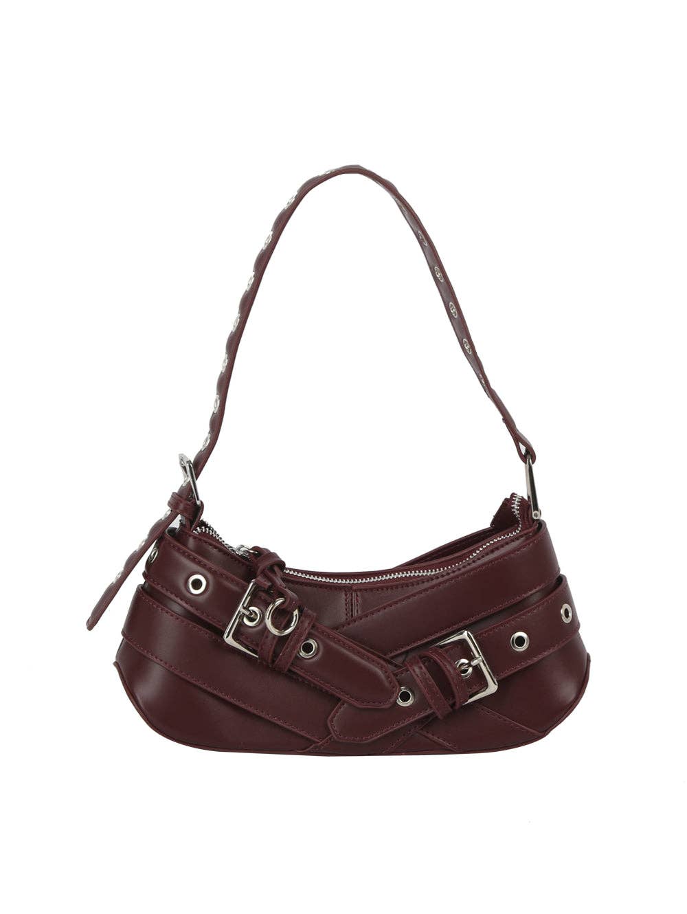 Buckle-Strap Mini Shoulder Bag: Wine