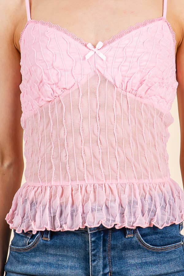 JC54651 - RUFFLE BOTTOM SATIN BOW CAMI: MIST BLUE / S-M-L/2-2-2