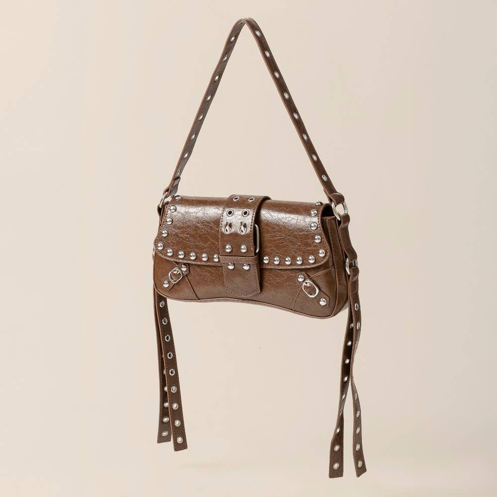 Glossy Leather Rivet Trim Shoulder Bag: IV
