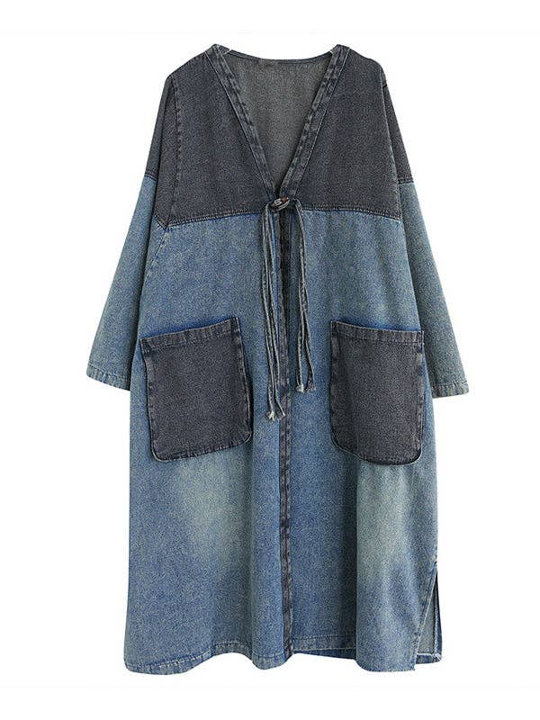 Artistic Retro Denim Long Sleeves Loose Tied Split-Joint Trench Outerwear: BLUE / L