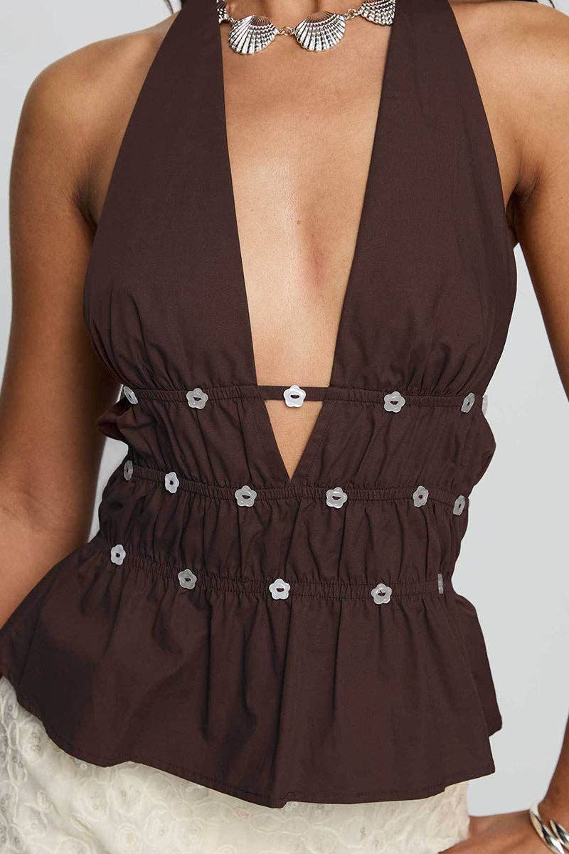 Embellished V-Neck Halter Peplum Top: BROWN / M