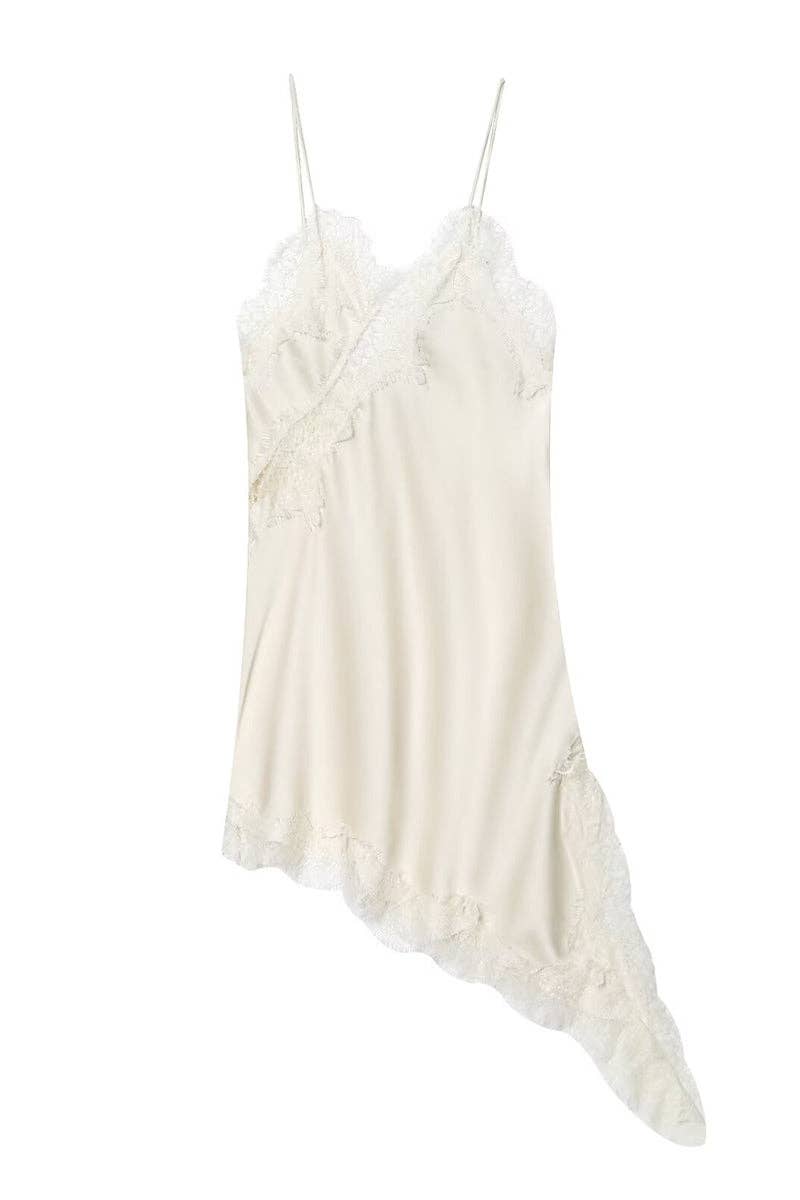 Asymmetrical Hem Lace Trim Slip Dress: KHAKI / L